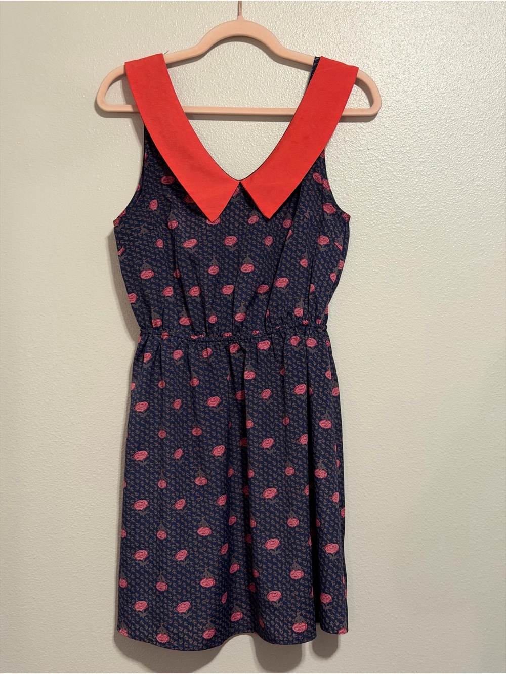 ezra Navy Mini Dress with Pink Roses Print and Red Collar